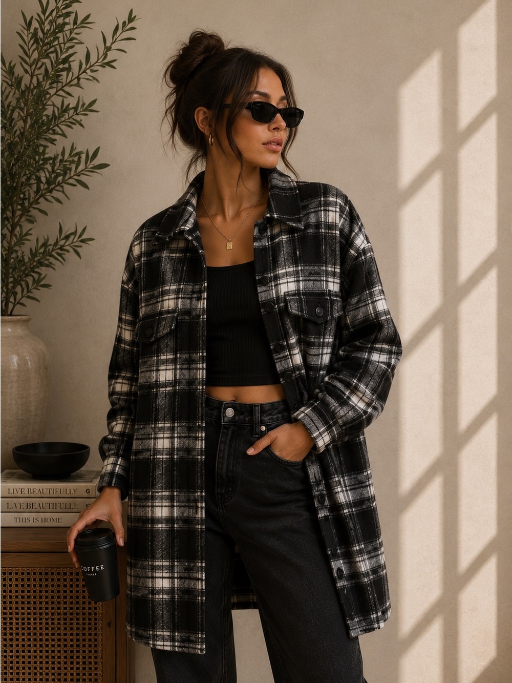 Chic Black and White Plaid Jacket